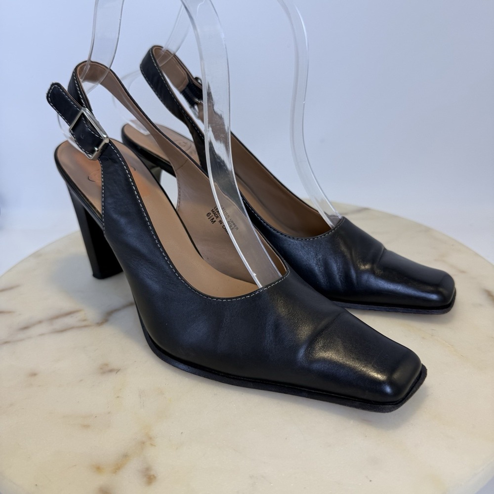 Circa Joan & David Womens 6.5M Black Leather Square Toe Slingback Block Heels